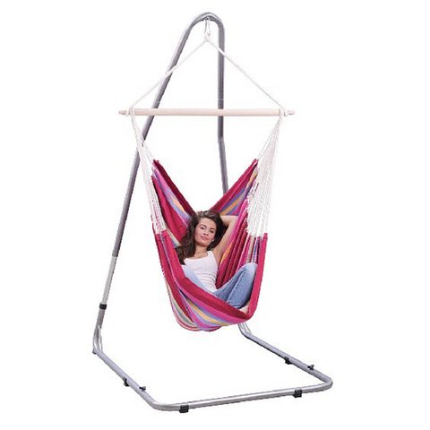 A free-standing frame for hanging hammock chairs. Adjustable in height, it is suitable for use indoors and out with most hanging type chairs. Easy to assemble.