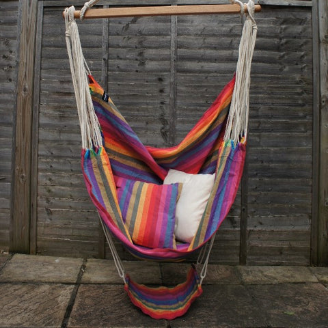 These beautiful hammock chairs are extremely comfortable to relax in and with the our free, matching footrests, you can really stretch out. They hang from one  point.