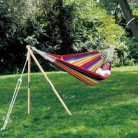 Our single end hammock post is a free-standing A Frame to hang one end of a hammock. Pegs into soft ground. Light and portable - a great camping hammock stand.