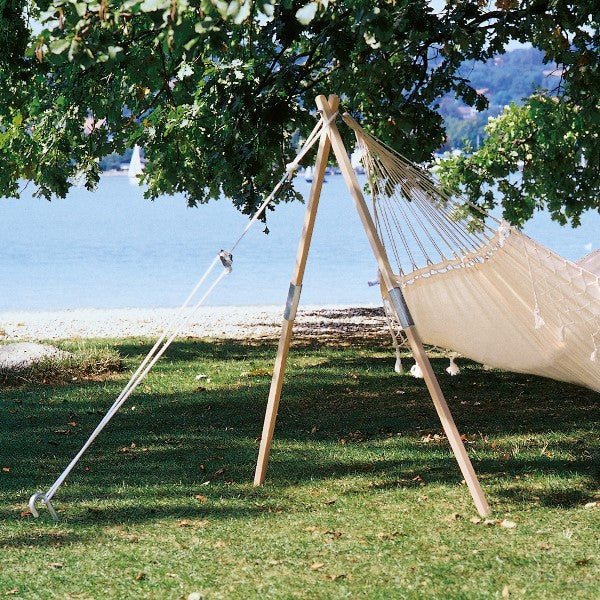 Our single end hammock post is a free-standing A Frame to hang one end of a hammock. Pegs into soft ground. Light and portable - a great camping hammock stand.