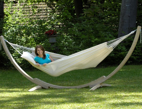 A luxury wooden arc hammock frame adds a touch of class to any space. It is elegant, sturdy and durable. Suitable for most hammocks. For outdoor or inside use.